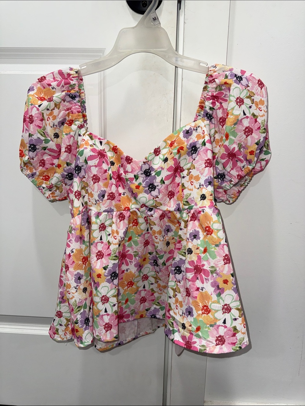 SHEIN Pink Multi Floral Peplum Puff-Sleeve Top
